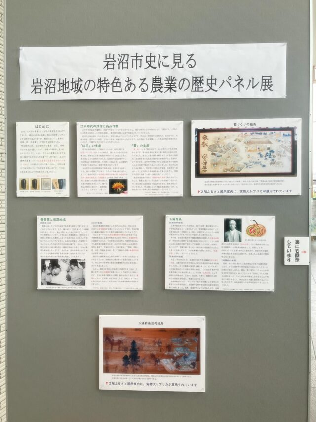 【ふるさと展示室からのお知らせ】

岩沼市史に見る特色ある農業の歴史パネル展　開催中‼️

岩沼市民図書館1階エントランスにおきまして、岩沼地域の農業に関する歴史パネル展を開催しています。

収穫の秋ですが、米作が中心であることを前提として、岩沼地域では江戸時代より様々な農業が発展しました。

江戸時代は紅花、藍の栽培、出荷。特に藍は上質のものと評判になり江戸や大坂まで運ばれました。江戸末期からは養蚕が盛んになり、あらゆる場所が桑畑になりました。

大正時代には養豚業から屠畜場、大規模な食肉処理場が生まれ、玉浦村では白菜生産に成功し、「玉浦白菜」のブランド名で東京の市場を独占するまでになります。岩沼の農業が全国を席捲した時代が確かにありました。

現在も続くメロン栽培についてもご紹介しています。ぜひご覧下さい😊

⚠️注意‼️
市民図書館は蔵書点検と休館日のため、9月29日(月)〜10月6日(月)まで休館となります。ご注意下さい🙌

場所:1階エントランス
時間:9時〜19時（休日、祝日は17時まで）
期間:10月28日(火)まで

#岩沼市民図書館　#ふるさと展示室　#岩沼市　#歴史　#文化財　#文化　#岩沼市史　#紅花　#藍　#養蚕　#玉浦白菜　#岩沼とんちゃん　#クールボジャ